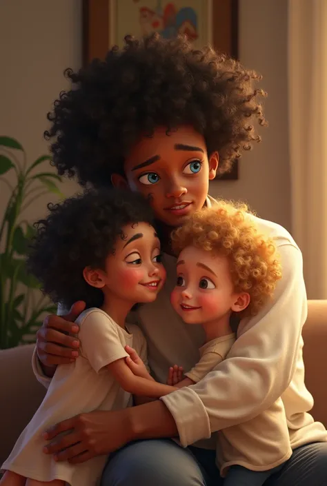 Image of a couple embracing her curly black hair dark brown skin him blue eyes white  between five years old blonde twins curly hair 