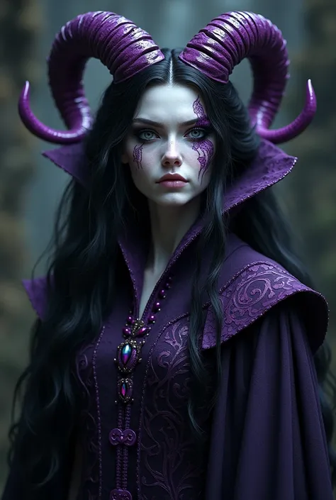 An older, regal queen with white skin, flowing black hair, purple horns, purple markings on face, and a dark purple robe