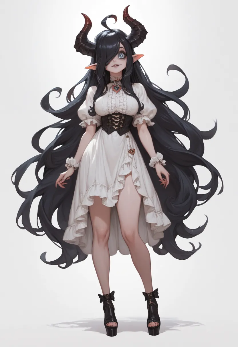 detailed face, big eyes, hair over eyes, demon horns, long hair, pointy ears, black hair, very very very very very very big boob...