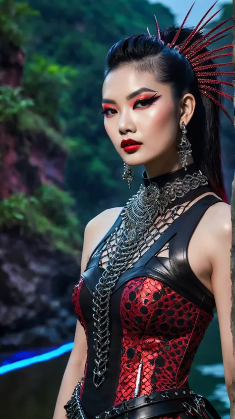 Close-up portrait of a beautiful Thai female model with flawless porcelain skin, exuding elegance and grace.
Pale matte skin, sharp dark gray cheekbones. Graphic eyeliner, combined with fiery red and black eyeshadow. Long eyelashes with messy black feather...