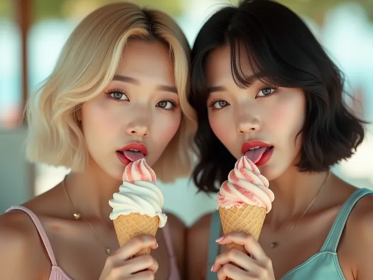 2 beautiful korean idol,licking one ice cream,tongue out,light blonde bobcut hair woman and black hair woman,carm expression,upper body,photo