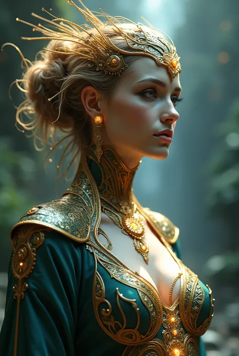 The goddess of wisdom and intelligence, highly technologically advanced, head to breast. High Resolution, Masterpiece, Award Winning, Best Quality, High Details, High Quality, UHD, Optical Illusion, Impressionism, Art Deco, Cinematic, Cinematography, Futur...