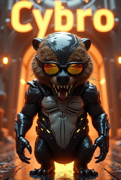 Venom but with the head of a Beavers Head, Oakley type gold lenses , on a Japanese stage ,  in a building says CYBRO in yellow . Metallic and shiny colors ,  the sky should be seen at sunset  . image 100% realistic