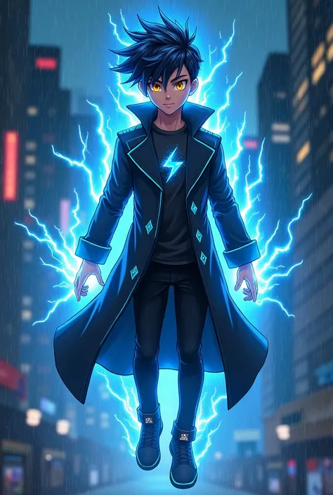 " A character named Ned Eddie Storm ,  a young urban hero inspired by Sonic and Goku .  He is levitating in a straight pose in a nighttime and rainy environment ,  illuminated by the storm .  You have short, tidy hair , in the form of curt hair ,  with ele...