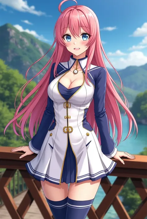 25-year-old adult woman with long pink hair with a vibrant shade.  Her eyes are large and bright blue ,  with a friendly expression .  She wears a fitted one-piece suit ,  predominantly white with blue details and decorative lines in gold.  The costume has...