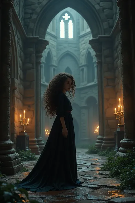 Dark fantasy style in a castle a girl with curly hair 