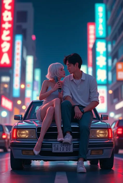 Korean young woman with short wavy white hair with bangs on top of a car on a busy street at night with a telephone together with a young man, about 20 years old, with short medium black hair , beautiful,  strong American style pattern 