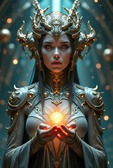 The goddess of fate and destiny, highly technologically advanced, head to breast. High Resolution, Masterpiece, Award Winning, Best Quality, High Details, High Quality, UHD, Optical Illusion, Impressionism, Art Deco, Cinematic, Cinematography, Futurism, Hy...