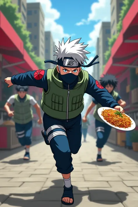 Kakashi taking briyani and running .naruto and sasuka chashing