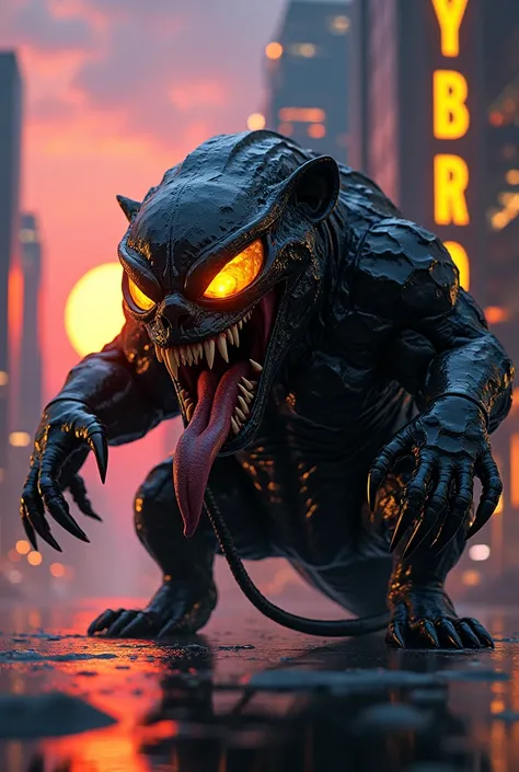 Venom but with the head of a Beavers Head, Oakley type gold lenses , The long tongue out in a city at night,  in a building says CYBRO in yellow . Metallic and shiny colors ,  the sky should be seen at sunset  . image 100% realistic