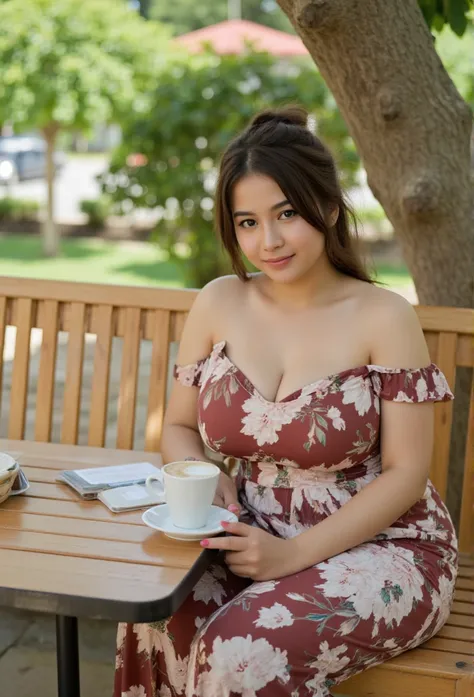 a beautiful indonesian woman, curvacious, messy tied hair, sitting on the wooden bench, with a coffee on the table, under the ba...