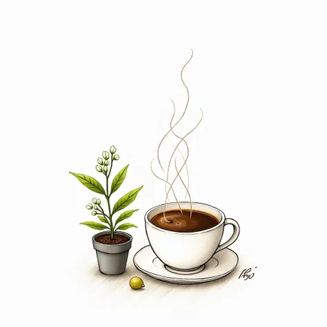 Cup coffee plant, free hand drawing
