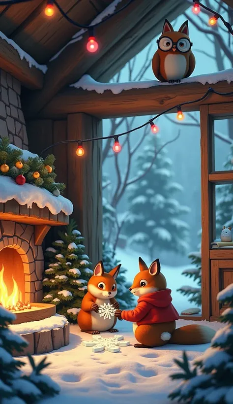 "Inside a snow-covered wooden lodge nestled in the woods, anthropomorphic animals work together in a magical Christmas craft workshop. Squirrels and rabbits carve intricate snowflakes out of ice with tiny tools, while foxes carry the finished pieces to han...