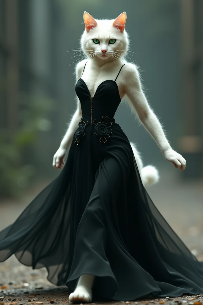 A white cat wear black dress and moves 