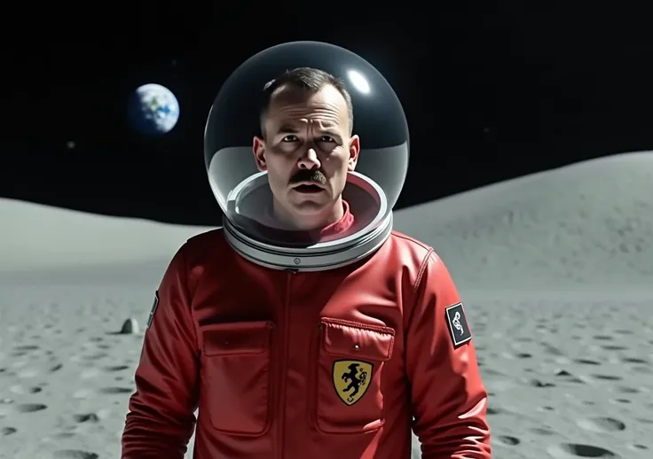  high resolution,   Hitler-like astronaut in a red suit like Neil Amstrons, Is on the Moon looking in the front , look of fear. Wirh helmet 