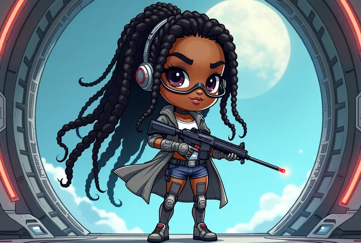 Create a full-body illustration in chibi style/cartoon of a beautiful black woman ,  with long dreadlock-style braids .  She has a cyberpunk visor in her eyes ,   wearing a white t-shirt ,  a gray overcoat and military gloves .  Her legs and feet are compl...