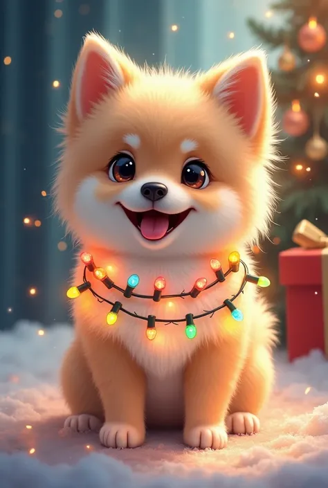 Very cute dog with Christmas lights hanging on it