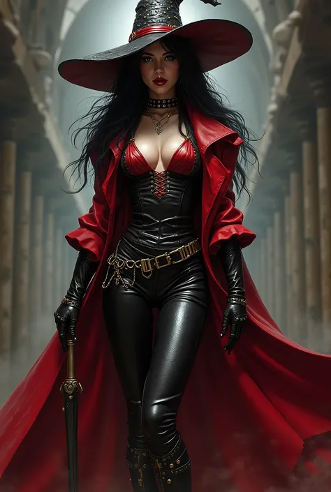 full body portrait A majestic, mature witch with black hair stands in a full shot, radiating an aura of mystique. Her red and black leather attire - pants, jacket, and black thigh high boots - is adorned with studs, rivets, chains, and intricate details. A...