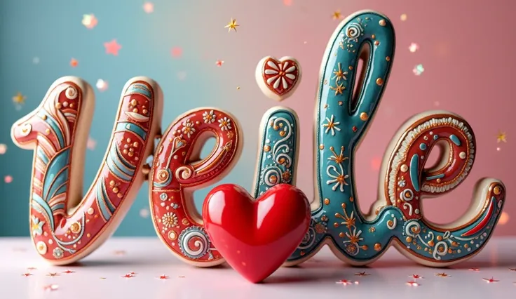 A 3D render of the name "VIELE" in a multi-color ceramic font. Each cursive letter is adorned with pattern designs and decorations, including spiral, curve, wavy, radial, swirl, and circular styles. Below the name, there is a glossy red ceramic heart. Surr...