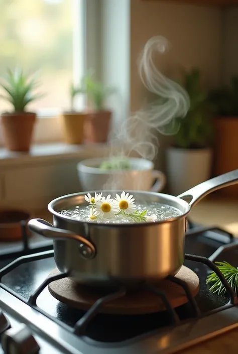 In a pot , boil purified water . 
 - Add chamomile and rosemary to hot water . 
