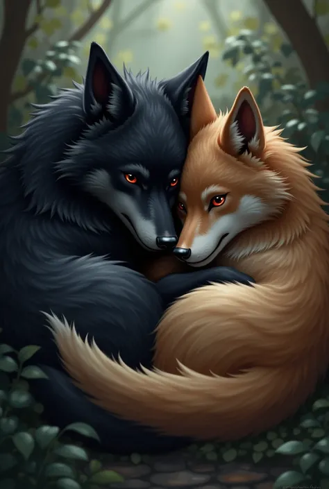 You can create images of two wolves curled up: a black wolf with red eyes and the other brown wolf with brown eyes.