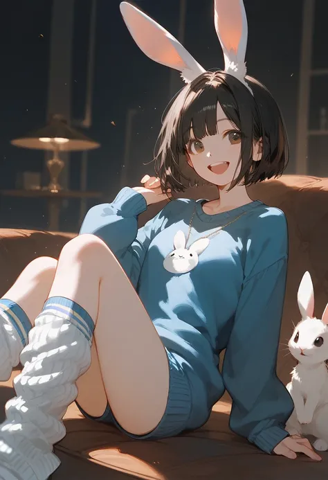 Score_9,Score_8_up,Score_7_up,highest quality,detailed,1 girl,slim,brown long straight hair,sweater,loose socks,looking Happy,Happy with me Bunny ears
黒髪　 Black Hair 　 bob cut 　 bob hair　Blue clothes　20th Generation　White rabbit ears　Blue clothes　