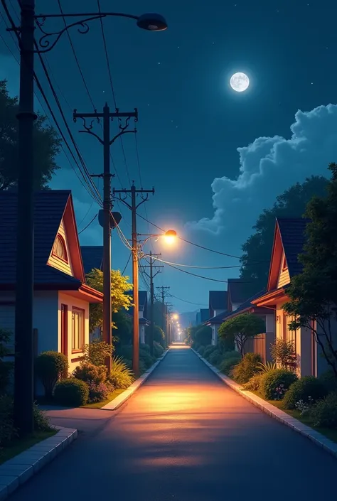 Create a poster showing a street with houses and a column of light poles, one in the center lit and three on each side unlit.