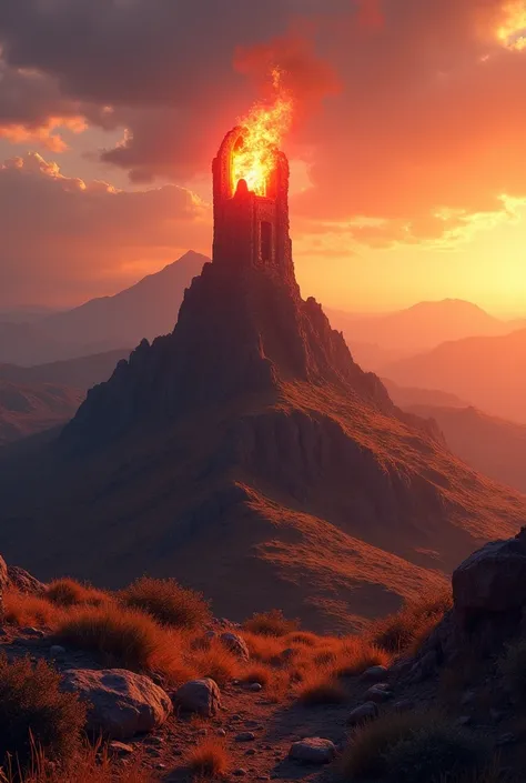 A mountain in the desert ,  mountains in the background ,  on the hill an aging altar. On top of the altar,  a burning heart .  detailed landscape ,  atmospheric lighting ,  scorching sunset ,  warm colors ,  vibrant colors,  lush vegetation ,  artwork,  B...