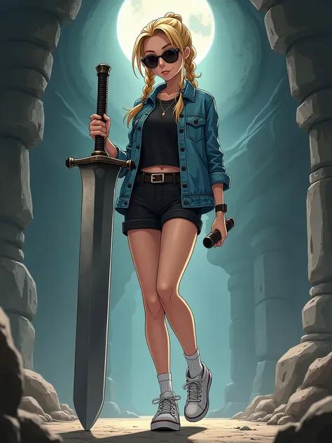 Anime style, female character, blonde hair, braids tied up, sports sunglasses, denim jacket, black shirt, black shorts, white socks and sneakers, tanned skin, more mature woman, slight smile, holding a large sword, in a game dungeon.