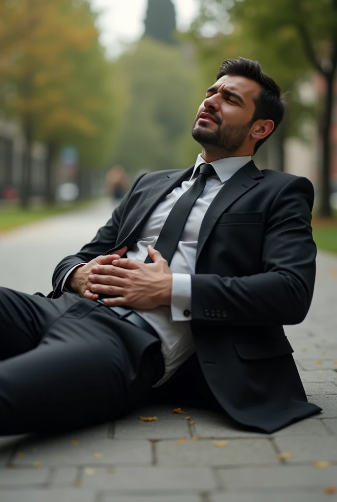 On college campuses，Handsome young professor， Italian man，sexy sexy，Mens crotch testicles hurt a lot，Man lying on his side on the ground，Cover the crotch of the testicles with both hands， grabs his crotch with both hands。Black suit，Black Tie，Black socks，Bl...