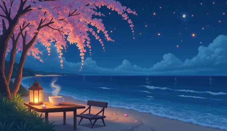 A stunning Studio Ghibli-inspired scene at night, featuring a serene beach under a sky full of glowing cherry blossoms. The soft pink petals gently float down towards a calm, sparkling ocean, illuminated by a full moon. A cozy wooden table with a steaming ...