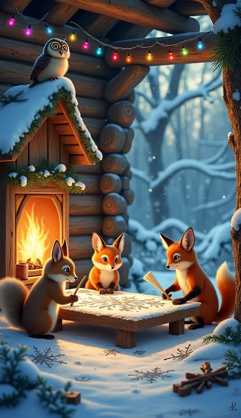 "Inside a snow-covered wooden lodge nestled in the woods, anthropomorphic animals work together in a magical Christmas craft workshop. Squirrels and rabbits carve intricate snowflakes out of ice with tiny tools, while foxes carry the finished pieces to han...