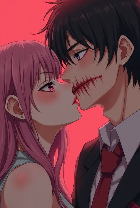 Create a femboy having sex with a tall man with a scar on his mouth, anime style  