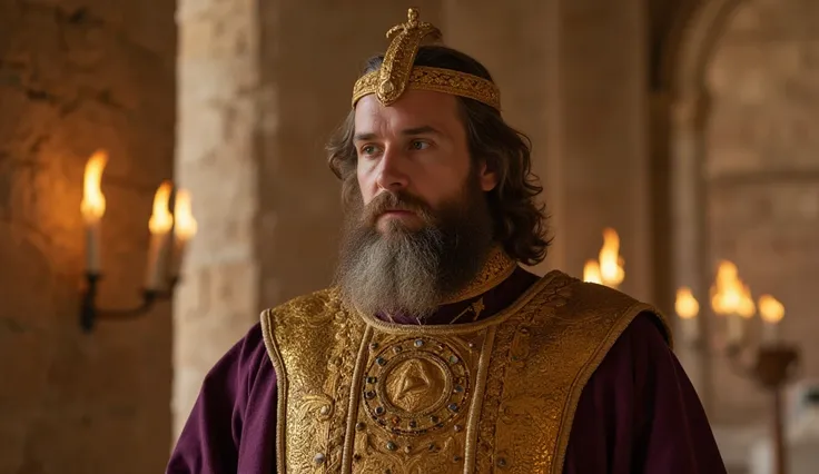  A former Jewish priest from the biblical era ,  dressed in a ceremonial robe rich in details , in shades of gold and purple .  He wears a breastplate with precious stones shining on his chest ,  that reflect sunlight .  His beard is long and well-groomed ...