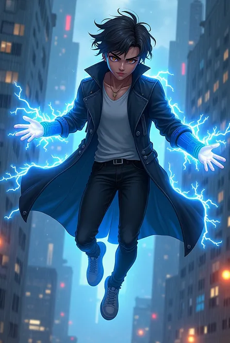 " A character named Ned Eddie Storm ,  a young urban hero inspired by Sonic , Goku and Spiderman .  He is levitating in a dynamic pose in a rainy environment,  illuminated by the storm . He has short hair,  something messy , in the style of Harry Styles , ...