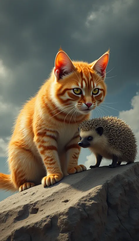 "A dramatic depiction of two powerful animals before merging: an orange tabby cat with piercing eyes and sharp claws, its fur glowing in the sunlight, standing in a confident pose, and a hedgehog with menacingly sharp quills, its body tense and ready to de...