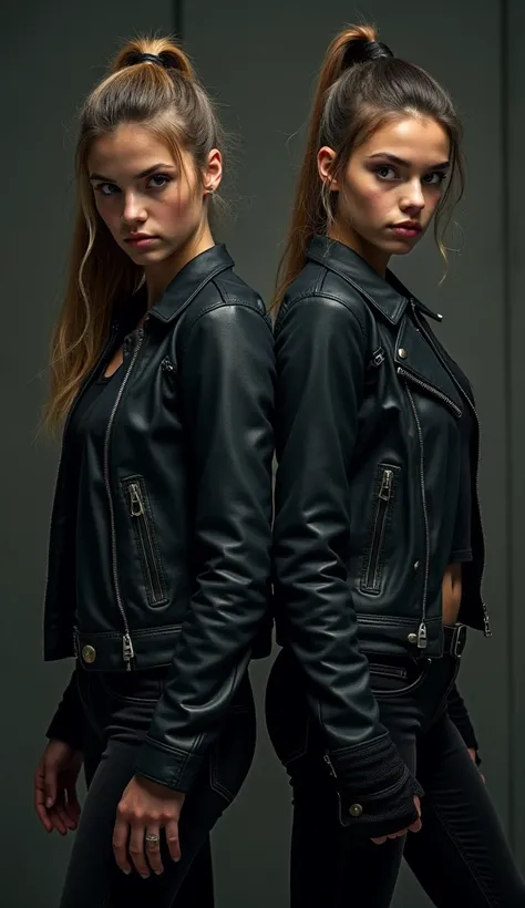 A two beautiful girl redy to fight. Wearing is black jacket and black jeans 