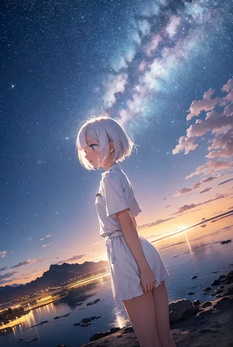  crying　Back view of girl in white clothes with short white hair looking into the distance　Uyuni salt lake at night　 starry sky 