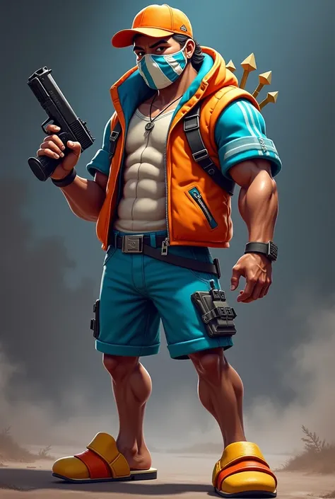 An adult big handsome hair wearing an orange cap blue and white mask blue shirt with open zipper and cyan blue shorts orange and yellow blue slippers like a character from Free Fire holding a desert eagle in his hand 