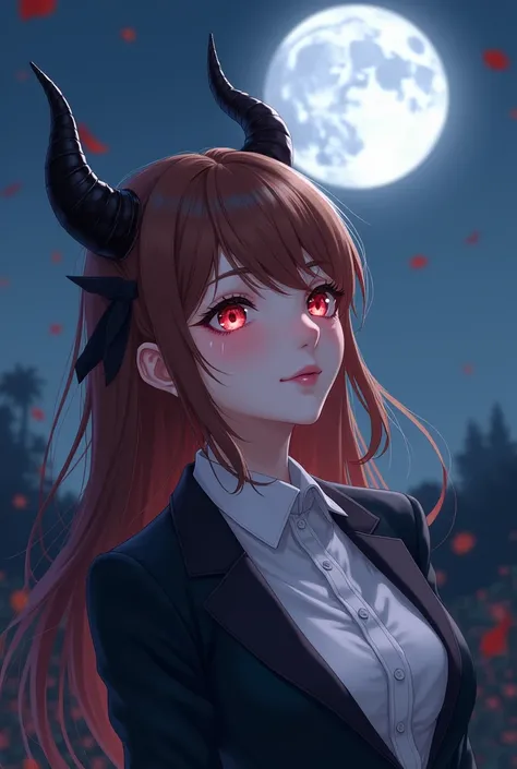 Beautiful girl with tears smiling looking at the moon brown hair red eyes black horns wearing an anime tuxedo