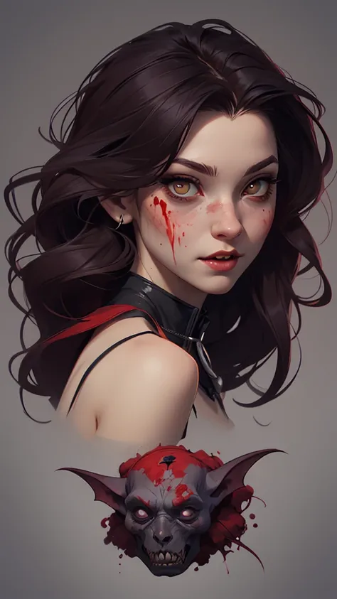 a drawing of a woman with blood on her face and a bloody collar, Charlie Bowater art style, arte da personagem charlie bowater,  Lois van Ross draws , Ross Draws 1. 0, female vampire, carmilla vampire, artgerm e rossdraws, Charlie Bowater style, vampire gi...