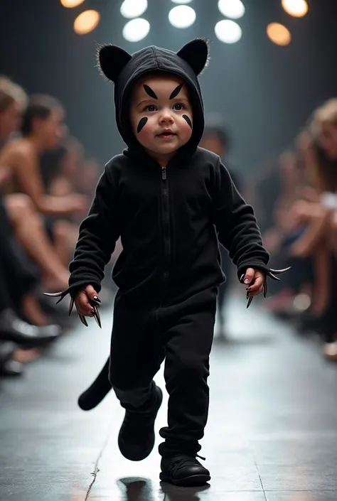 A baby dressed as a black panther parading on the runway
