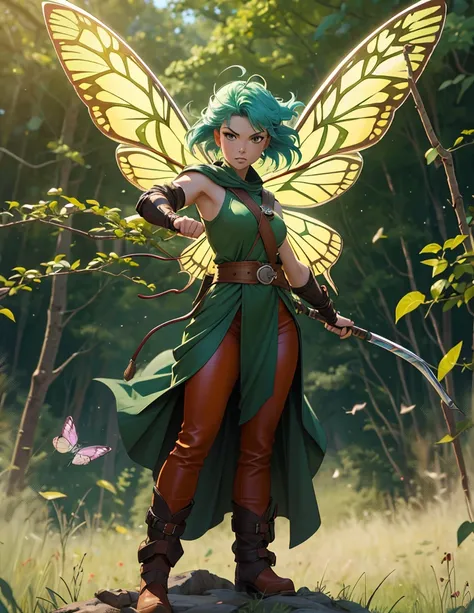 Masterpiece, UHD, 8K, action pose, action shot, digital painting in the style of frank cho of a petite fairy warrior that flies in a dynamic stance, her forest green hair flowing in the breeze is broken by the (insect antennae) sprouting from her head, her...