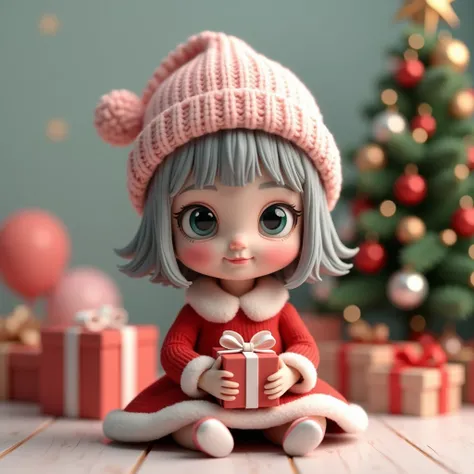 "Create a 3D art toy of a  girl with dull gray hair, wearing a pastel pink knitted hat, big aquamarine eyes, and a sweet smile. She is sitting and holding a gift box, dressed in a red Santa Claus dress. The scene is set at a Christmas party with a Christma...