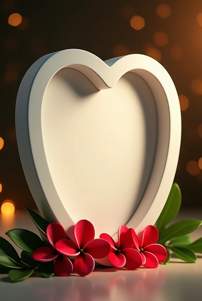 A beautiful gorgeous very amazing pristina white blank heart shape frame  with simple  designable border .  beside  beautiful 4 vibrant deep red plumeria & vibrant deep green leave branch. A beautiful soft and romantic  glassy golden black lighting backgro...