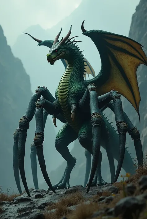 " A hyperrealistic live-action illustration of a hybrid monster between a dragon and a tarantula ,  standing against a background of gloomy mountains .  The creature has the massive, muscular body of a dragon ,  with scales that shine in dark green and bla...