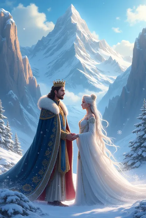 Draw a picture of a prince with a queen whose skin is whiter than snowflakes floating or flying near anime-like mountains