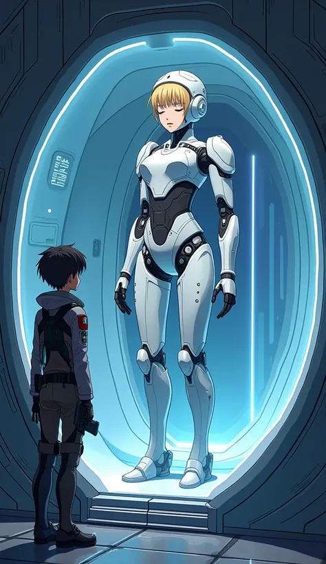 4K quality official cut in the style of Japanese anime. A  boy encounters a girl-type combat android in sleep mode, with her entire body visible inside a storage pod. The boy is wearing a futuristic pilot suit, with a handgun holstered at his waist. He gaz...