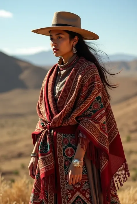 Andean landscape with a model having a stole and that stole tells a legend because its for a graphic piece and I also want those clothes to look luxurious and elegant but to continue with those Peruvian features