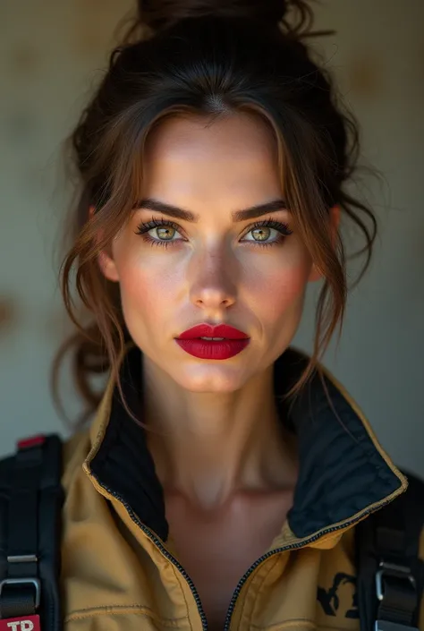 Beautiful female firefighter tied up her hair with light brown eyes and thick red lips 